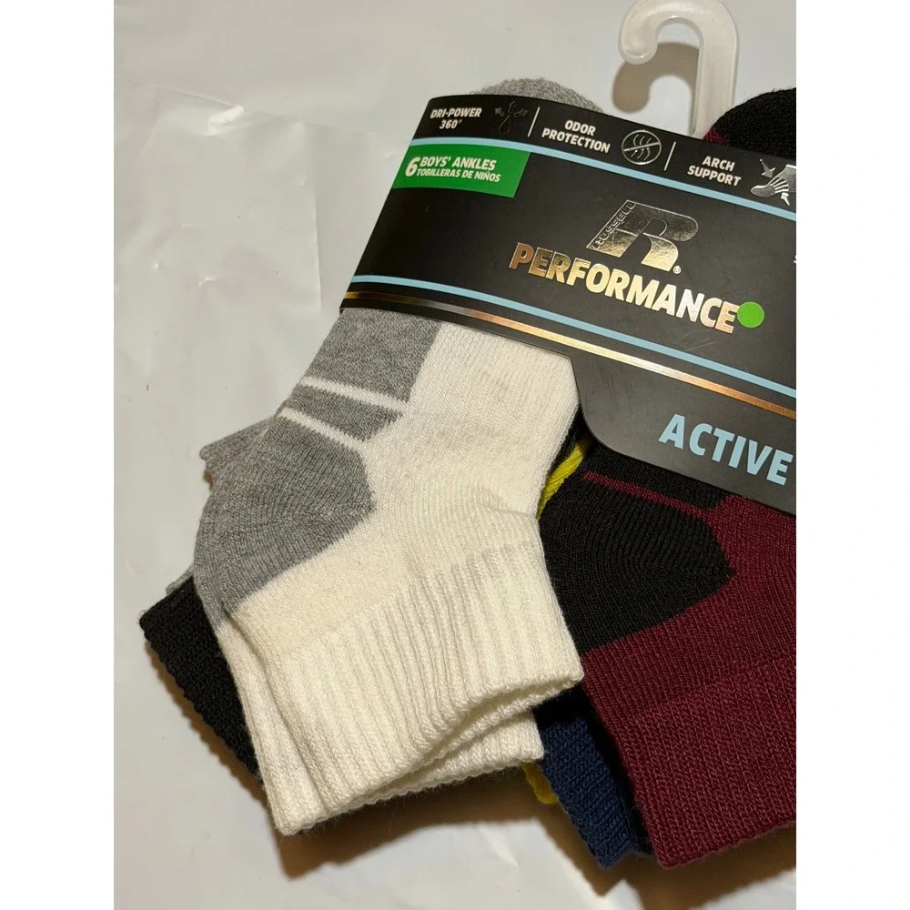 Russell Performance Ankle Socks Multi-Color Active Arch Support 6 Pair M/M Boys‎